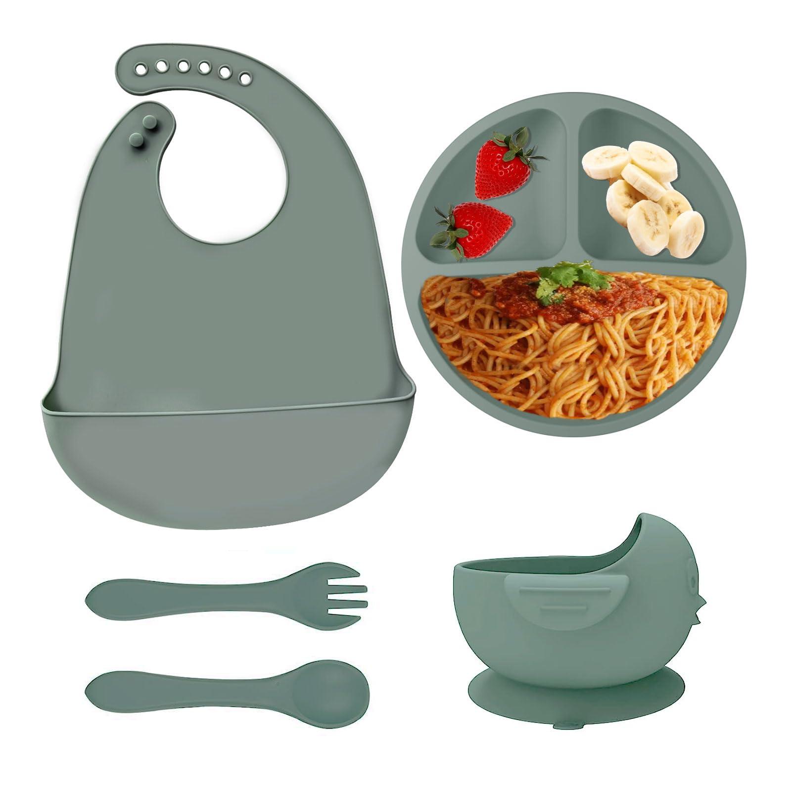 ANTUREBAY Silicone Children's Crockery Sets, 5 Pieces Non-Slip Crockery Sets with Suction Cup, Baby Plate, Spoon Fork Bowl Bib BPA-Free Dishwasher and Microwave Safe (Grey)