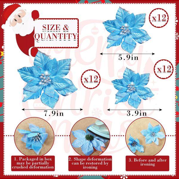 Cindeer 36 Pcs 3 Size Christmas Tree Decorations Poinsettias Artificial Flowers Ornaments Glitter Faux Christmas Flowers with Clips for Xmas New Year Home Wedding Outdoor, 4", 6" and 9" (Lake Blue) 1