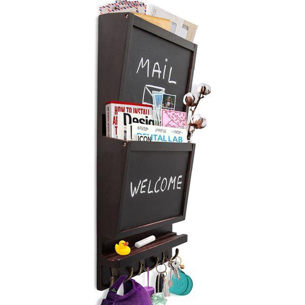 Rustic 2-Slot Mail Sorter Organizer for Wall w/Chalkboard Surface & 3 Double Key Hooks - Wooden Wall Mount Mail Holder Organizer - Wall DÃ©cor for Entryway Made of Paulownia Wood - Distressed Blue 0