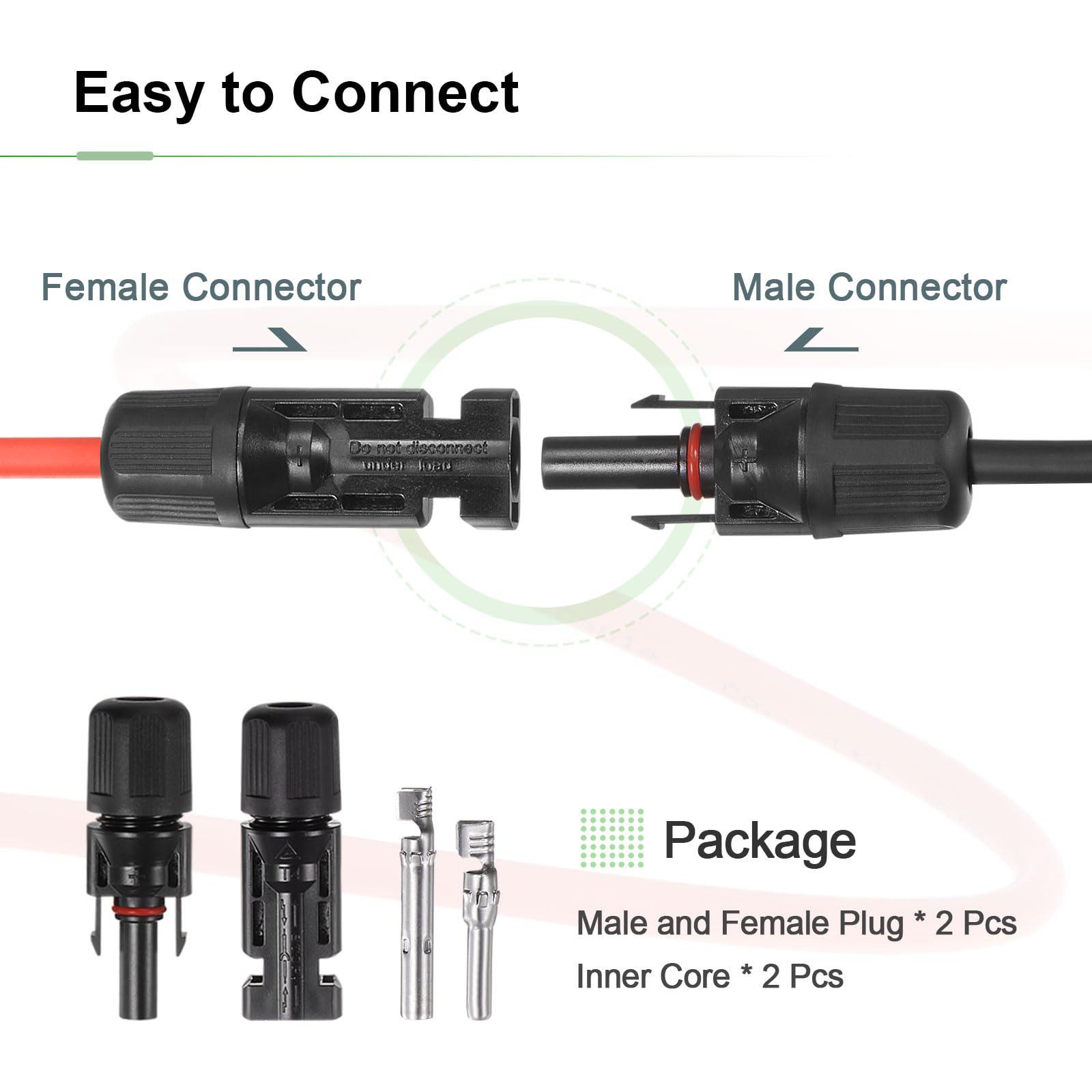 sourcing map Solar Panel Wire 39ft 10 AWG 6mm2 Solar Cable Tinned Copper Wire with Female and Male Connector Black Red for RV Boat Marine Solar Panel 4