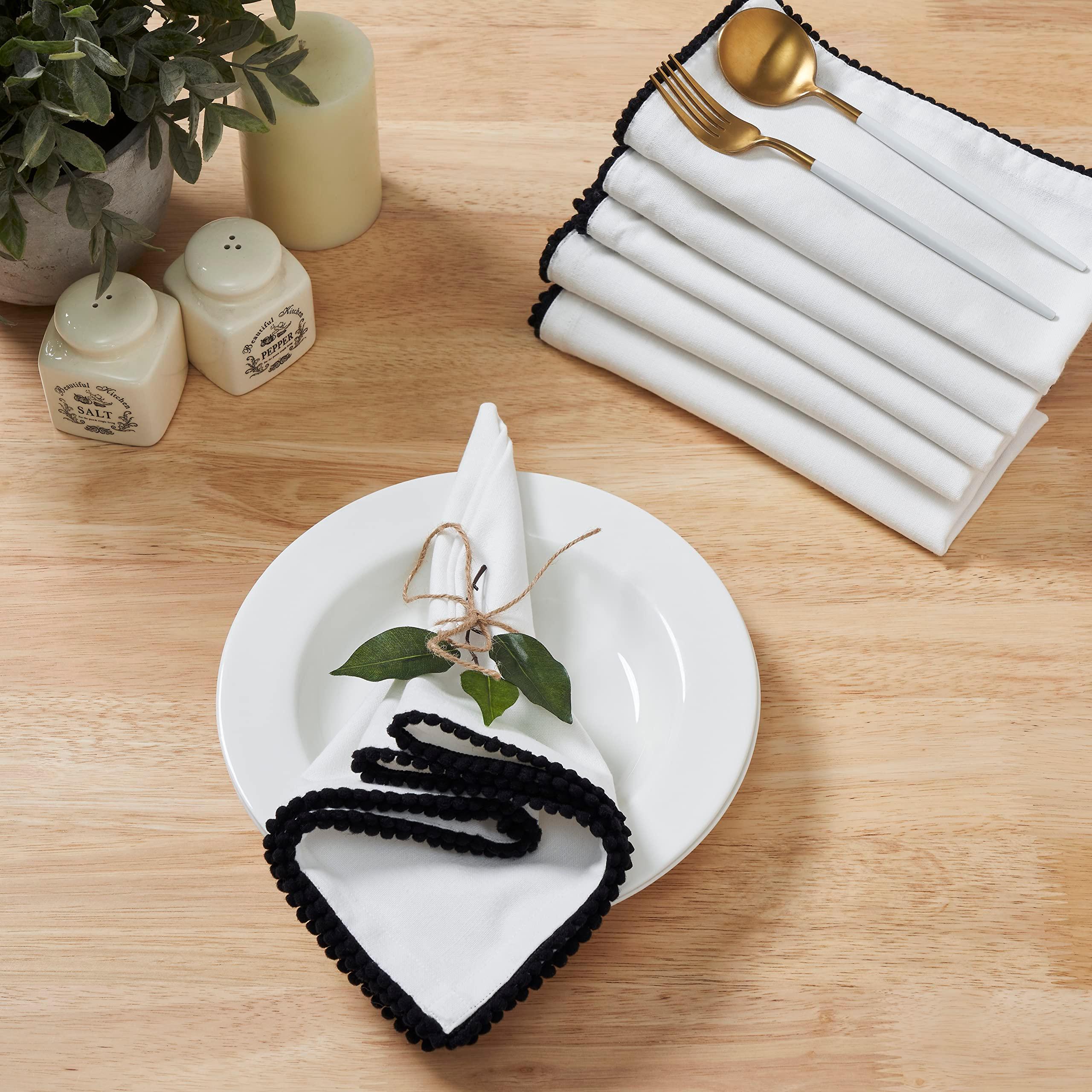 Penguin Home Set of 4 Cotton Napkin 100% Cotton Eco Friendly Sustainable Reusable Napkins - Daily Use as Dinner Napkins With Four Side Pom Pom Lace Size - 40 X 40 cm Colour - White & Black 7