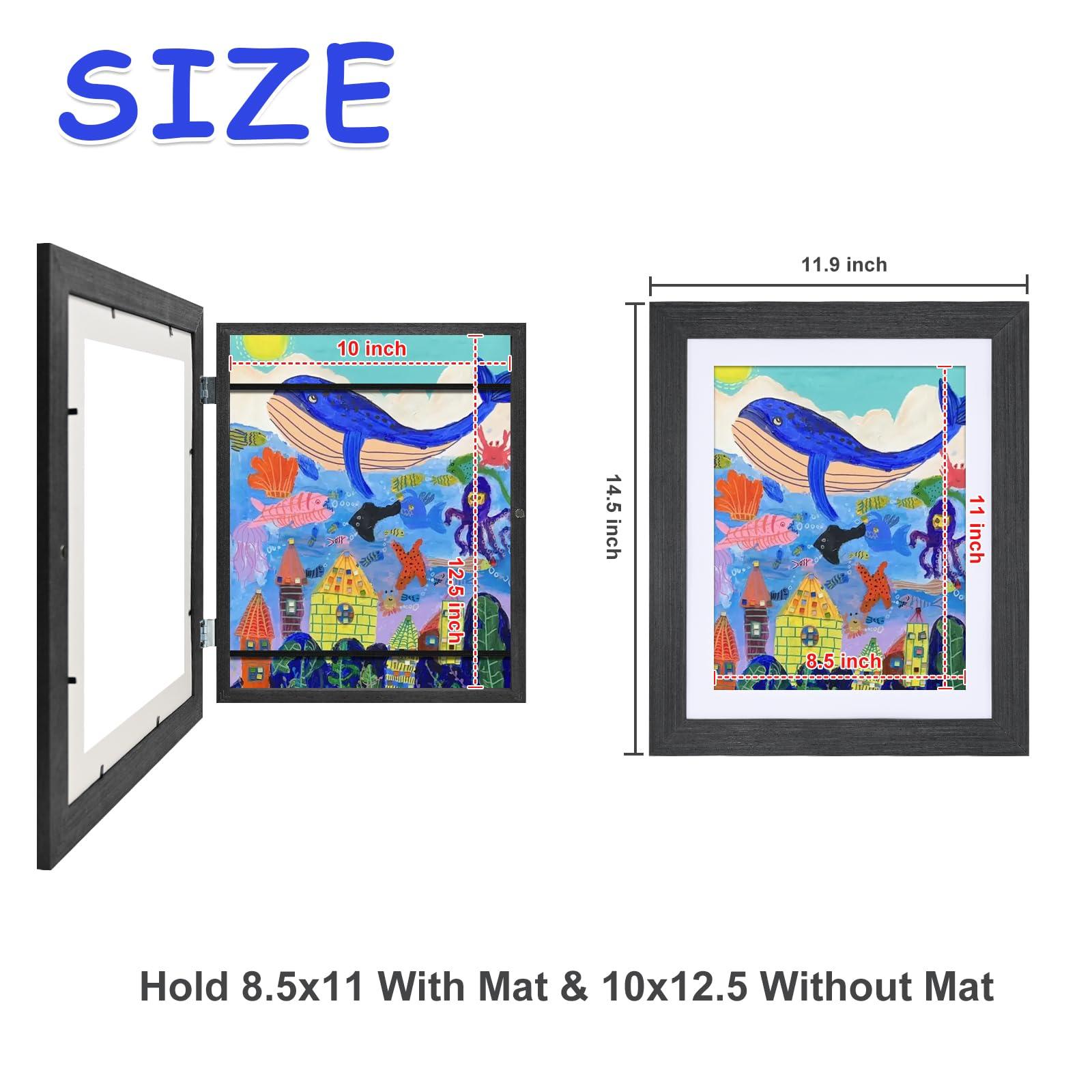 EGOFINE Kids Art Frames Solid Wood- 2 Pack Front Opening A4/8.5x11 Kids Artwork Frames Changeable with Mat and Display10x12.5 Pictures Without Mat,Children Art Frame with Acrylic Glass,Holds 150,Black 1