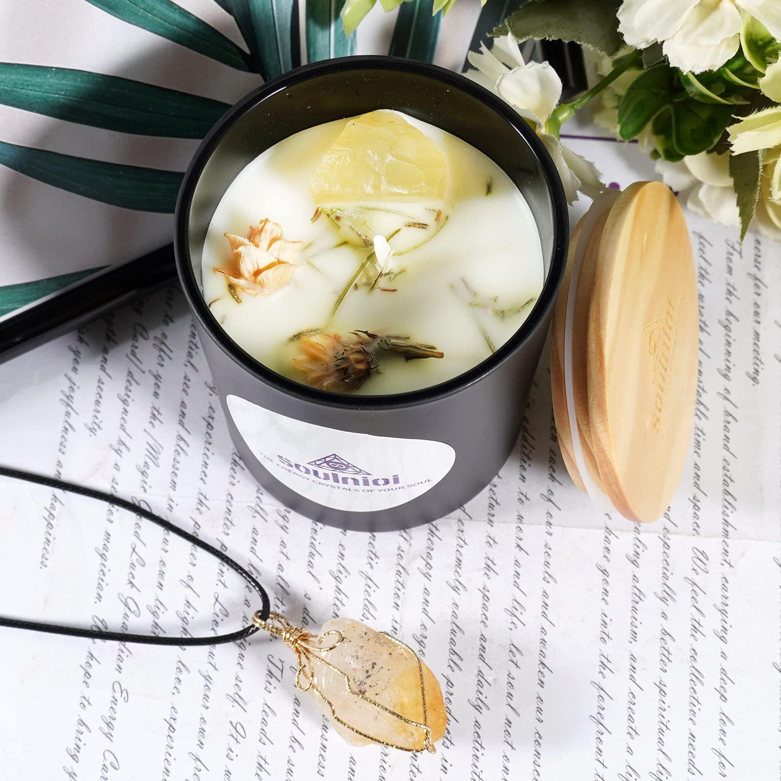 Soulnioi Scented Candle Set Black Cup Soy Wax Aromatherapy Candle with Crystal and Dry Flower Gardenia Fragrance and Citrine Crystal Pendant Necklace of Stress Realxtion for Wedding Birthday Gift 3