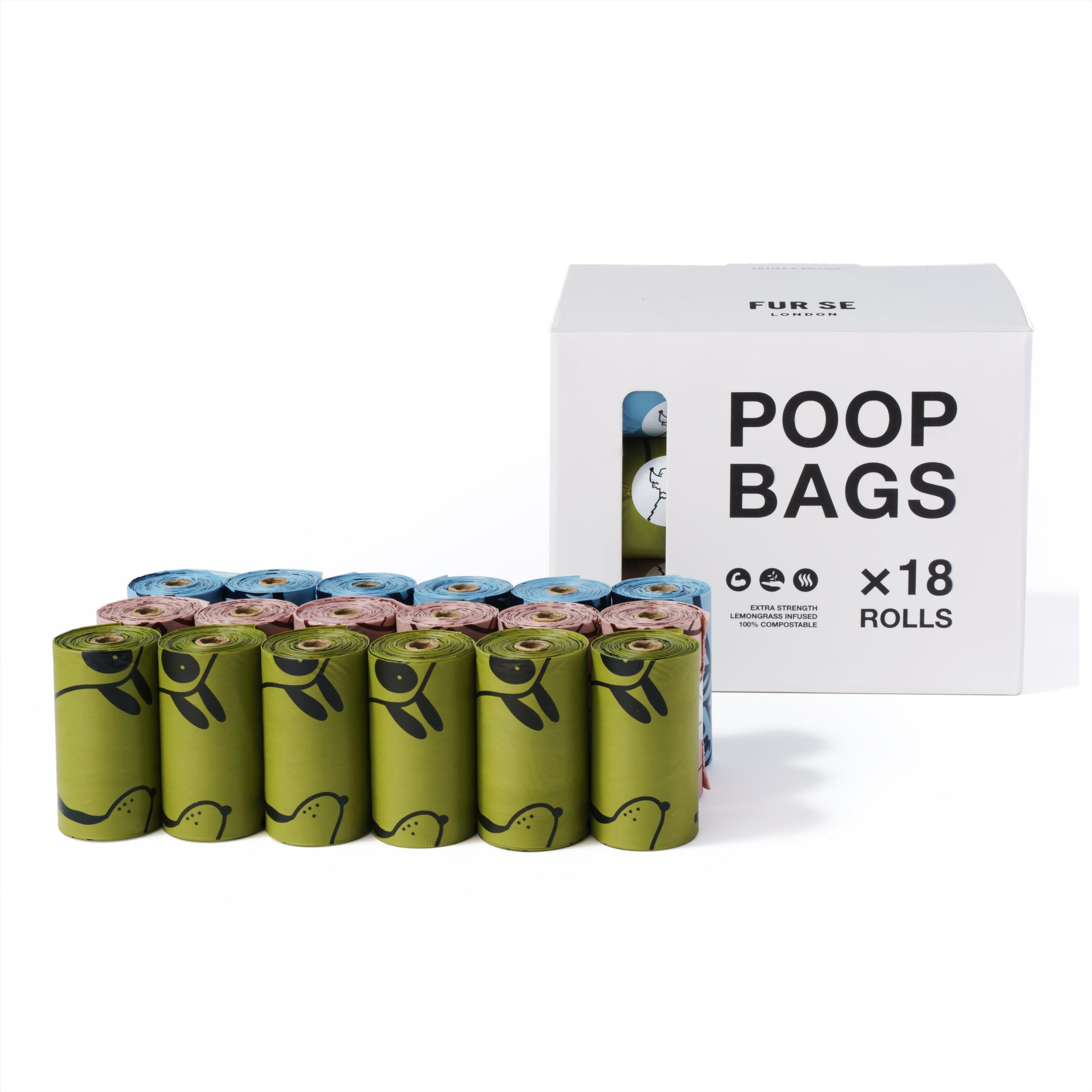 Dog Poop Bags 100% Compostable by FUR SE | 270 bags, 18 rolls of 15 | Scented with Lemongrass Oil, XL and Strong, Artist's Illustrations, Water Proof, Dog Waste Bags, Dispenser Compatible 0