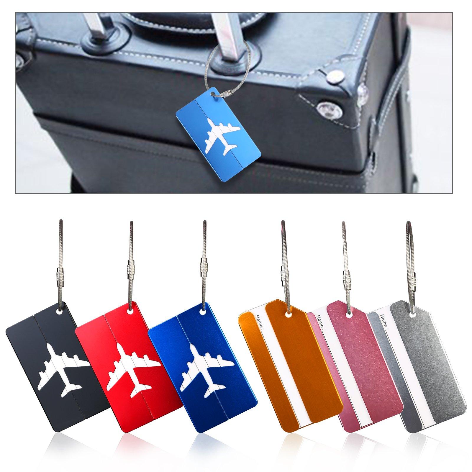 ZoomSky Luggage Tags, 6 Pack - Aluminum Alloy ID Address Tag with Stainless Steel Rope, Airplane & Strip Pattern, Privacy Cover, Business Trip, Gift for Travelers 2