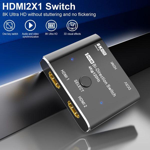CAKOBLE 8K 120HZ HDMI Splitter, Bi-Directional Switch HDMI 8K Ultra HD High Speed 48Gbps HDMI 2.1 Switch/Splitter 1in 2out 2in 1out 8K @ 60Hz 4K @ 120Hz Splitter converter compatible with Xbo X PS5 1