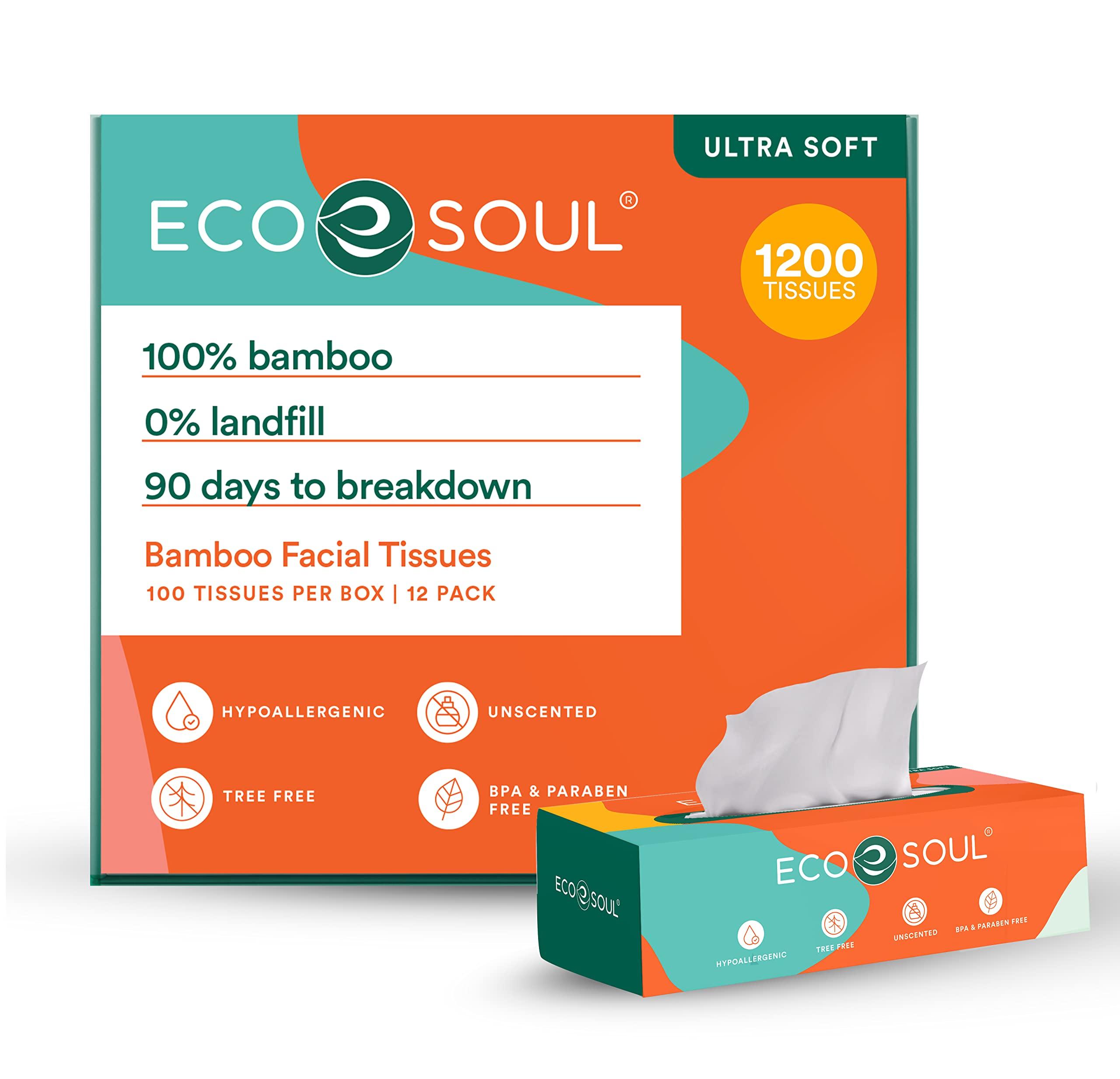 ECO SOUL Bamboo Premium Facial Tissue Cube Box 1200 Count | 12 Pack of 110 | Hypoallergenic, Eco-Friendly, 2 Ply Facial Paper Tissue, Sustainable 5