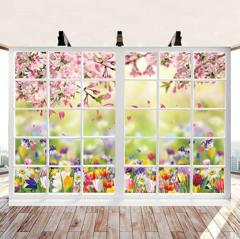 Spring Backdrop for Photography 10x8FT Spring Window Nature Pink Flowers Background Easter Party Decorations Baby Shower Kids Portrait Photo Booth Props 1