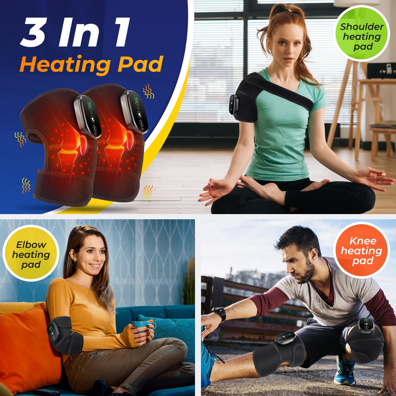 AFDEAL Heated Knee Massager with Red Light, Cordless Red Light Heated Knee Warp With Vibration, 3 Modes Heated Knee Support,Heated Knee Pad for Shoulder Elbow Knee, 2 Pack, Black 3