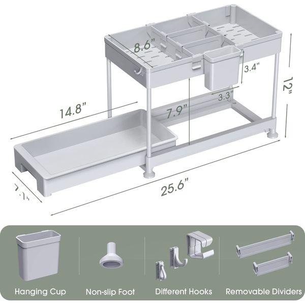 SPACEKEEPER Under Sink Storage Shelf,2 Tier Slide Out Under Cabinet Basket Drawer,Multi-Purpose Slim Organizer for Kitchen Bathroom,Bottom Slide Out Basket,40x22x31cm,Grey,2 Pack 1