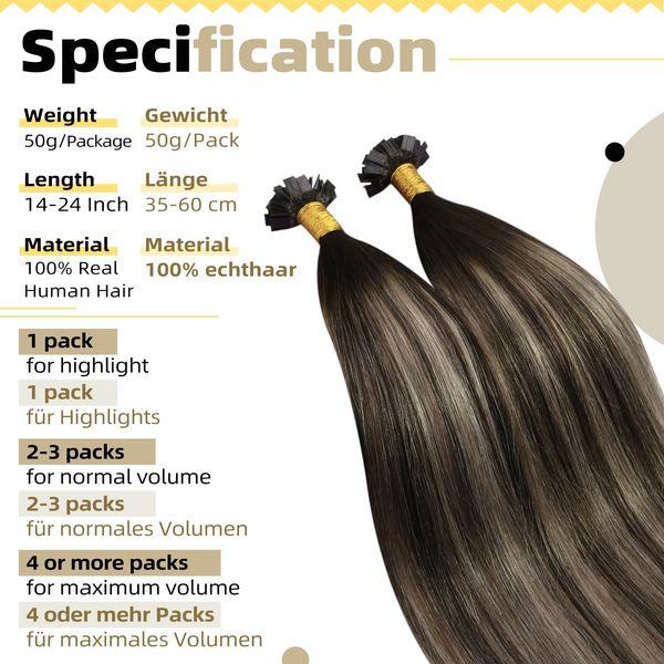 Ugeat Human Hair Extensions Flat Tip 18 Inch Flat Tip Hair Extensions Balayage Brown with Ash Blonde #4/18/4 Tips Hair Extensions Keratin 50 Grams Hot Fusion Hair Extensions Real Human Hair 3