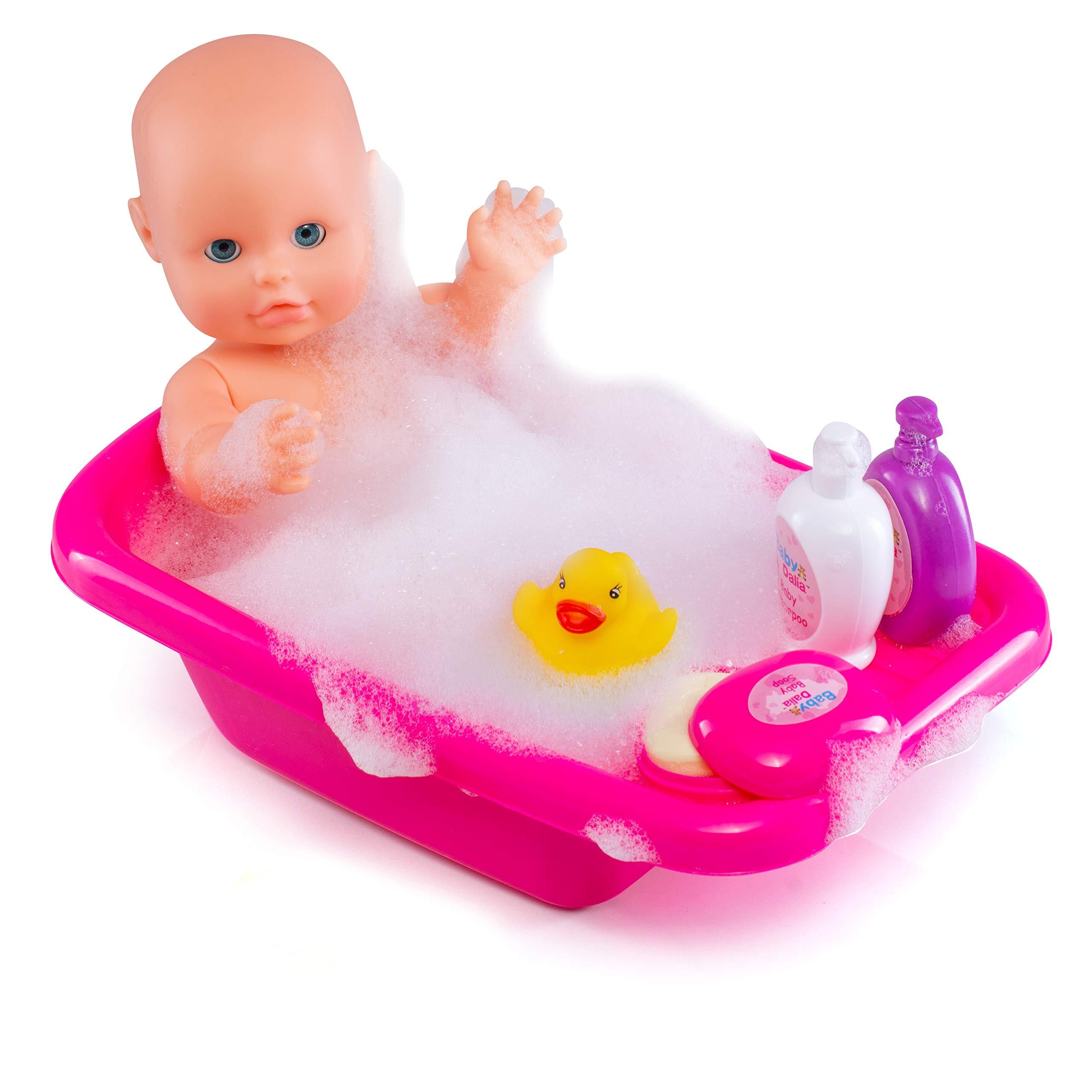 Prextex 8-pc Baby Doll Bath Set with Doll, Crib-shaped Bathtub, Robe Bath Toys Accessories - Baby Dalia Dolls Bathing Gift Toy Alive-like Set for Boys and Girls 3+ Excellent Stocking Fillers! 3