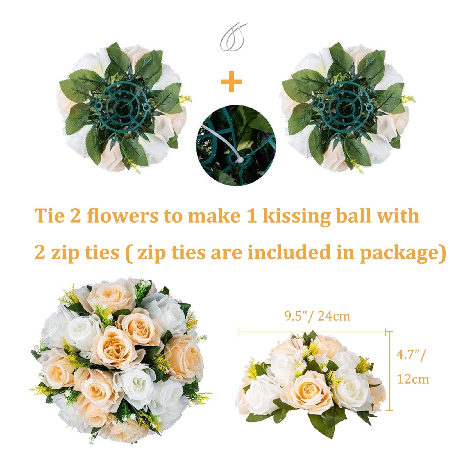 BLOSMON Flower Centerpieces for Tables Wedding 10 Pcs Champagne & White Fake Flowers with Base Rose Balls Arrangement Bouquet Floral Centerpiece Artificial Wedding Center Pieces of Home Party Decor 3