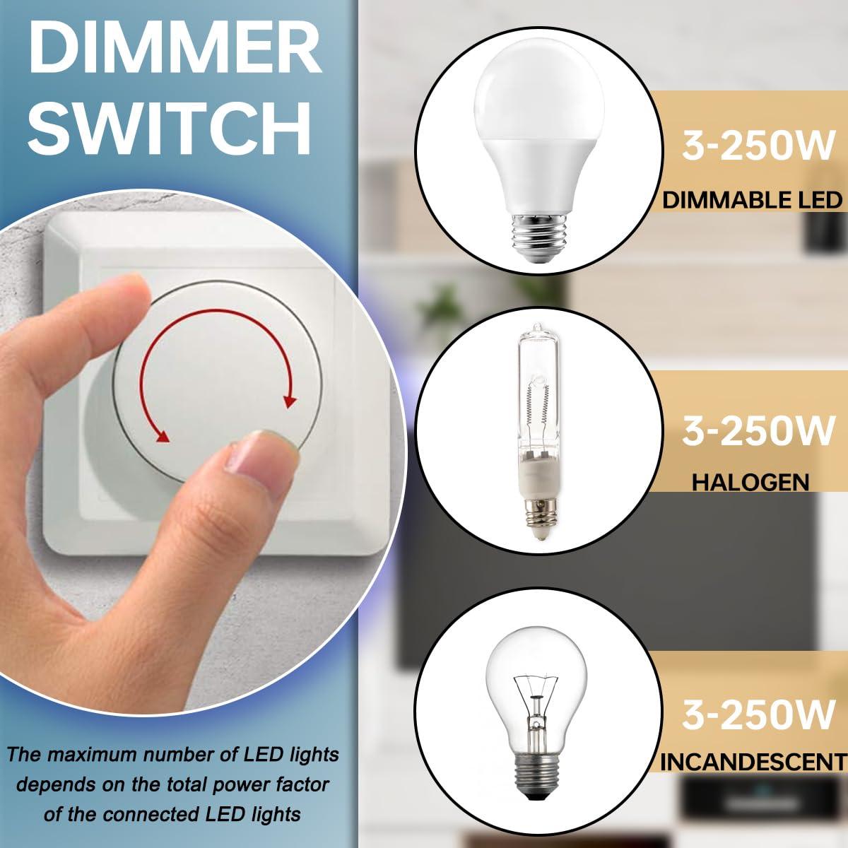 Acmerota LED Dimmer Switch 3-300W Flush-Mounted Rotary Dimmer SCR dimming for Dimmable LEDs 3-250W and Halogen 3-300W, On/Off Press with Memory Function, White 3