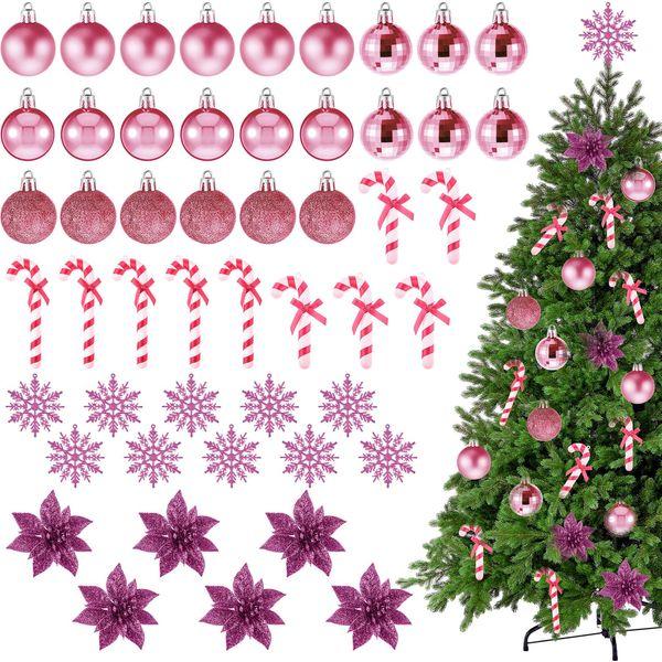 Harrycle 50 Pcs Christmas Tree Decorations Christmas Baubles Small Ball Ornaments Artificial Glitter Snowflake Decorative Poinsettia Flowers Candy Cane for Xmas Tree Topper Outdoor Home (Pink) 0