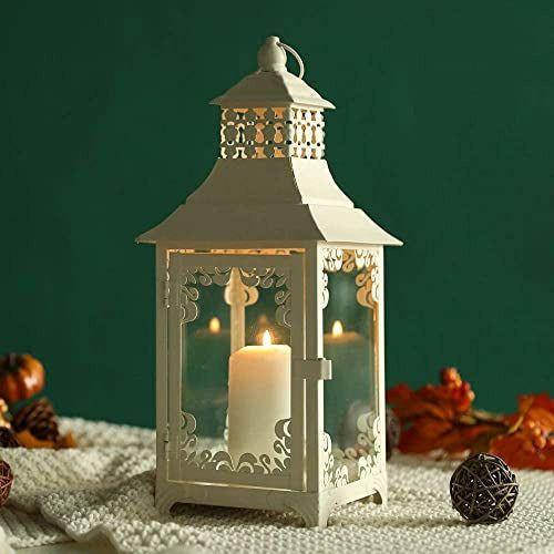 JHY DESIGN Decorative candle Lanterns 37.5 cm High Vintage Style Hanging Lantern, Metal Candleholder for Indoor Outdoor Events Parities and Weddings Valentine's Day Gift(White) 4