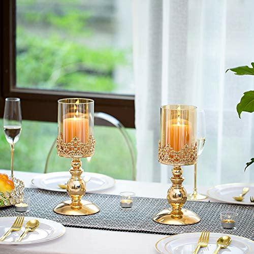 NUPTIO Pillar Candle Holders with Glass, Set of 2 Gold Hurricane Candle Holder Modern Home Decor Gifts, Candlelight Holder for Wedding Anniversary Housewarming Party Table Centerpieces, Gifts for Her 2