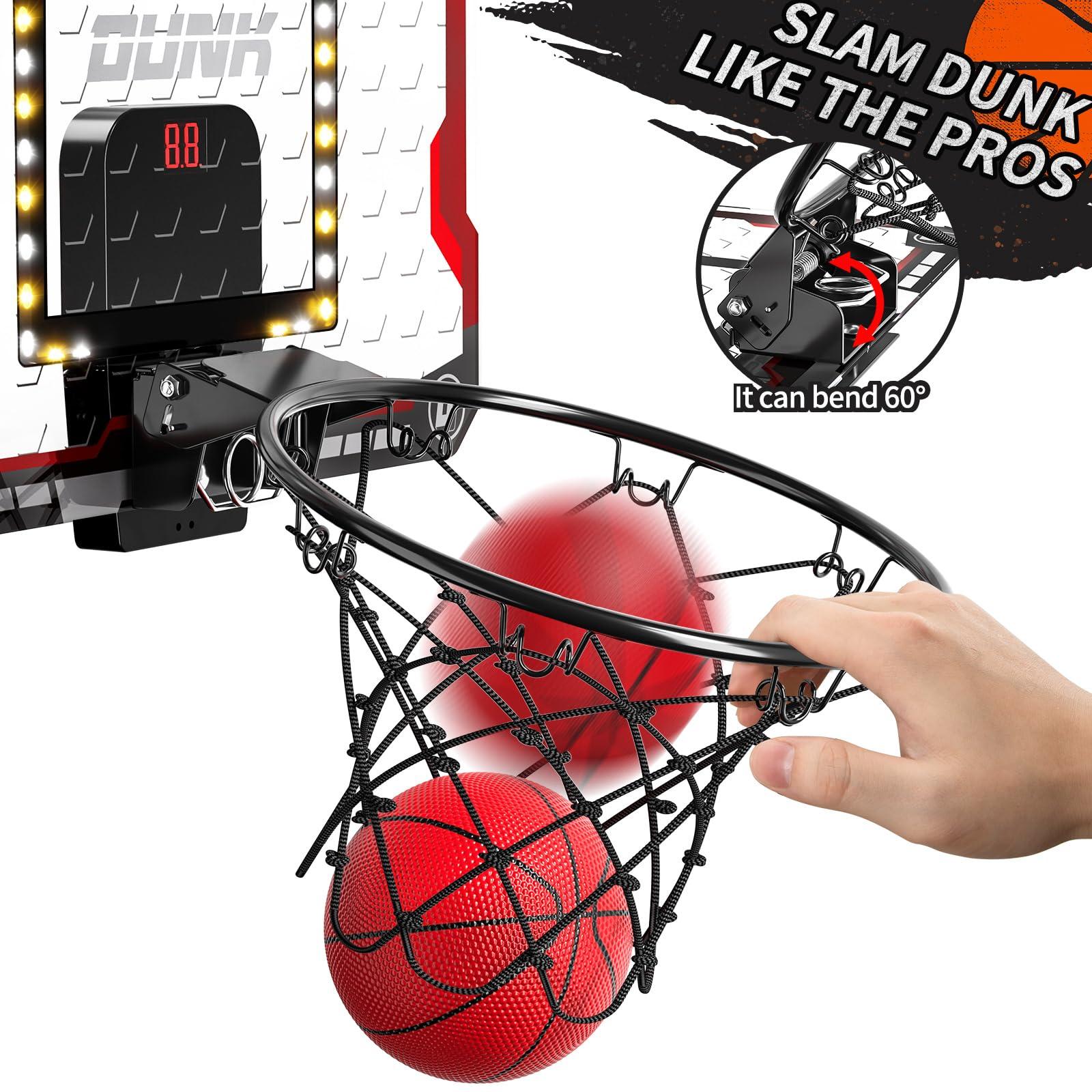 TEMI Basketball Hoop Indoor, LED Light Mini Basketball Hoop with 4 Balls & Electronic Scoreboard, Over The Door Basketball Hoop, Basketball Gifts for 5 6 7 8 9 10 11 12 Year Old Boys Girls Kids Teen 3