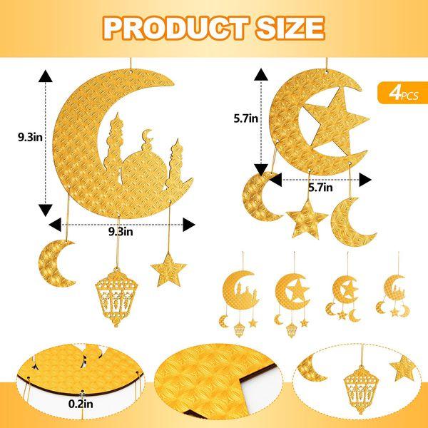 Gulfmew 4 Pcs Eid Hanging Decoration Ramadan Decorations Ramadan Ornaments Large and Small Golden Ramadan Pendant Decorations Muslim Iftar Crescent Islam Moon Star Wind Light Shape Pendant Ornament 1