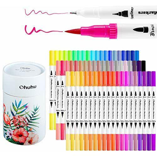 Fine and Brush Dual Tips Colouring Pens, Ohuhu 60 Watercolor Pens, Brush Fineliner Felt Tip Pens Art Markers, Water Based Highlighter Pen for Calligraphy Drawing Sketching Coloring Book 0