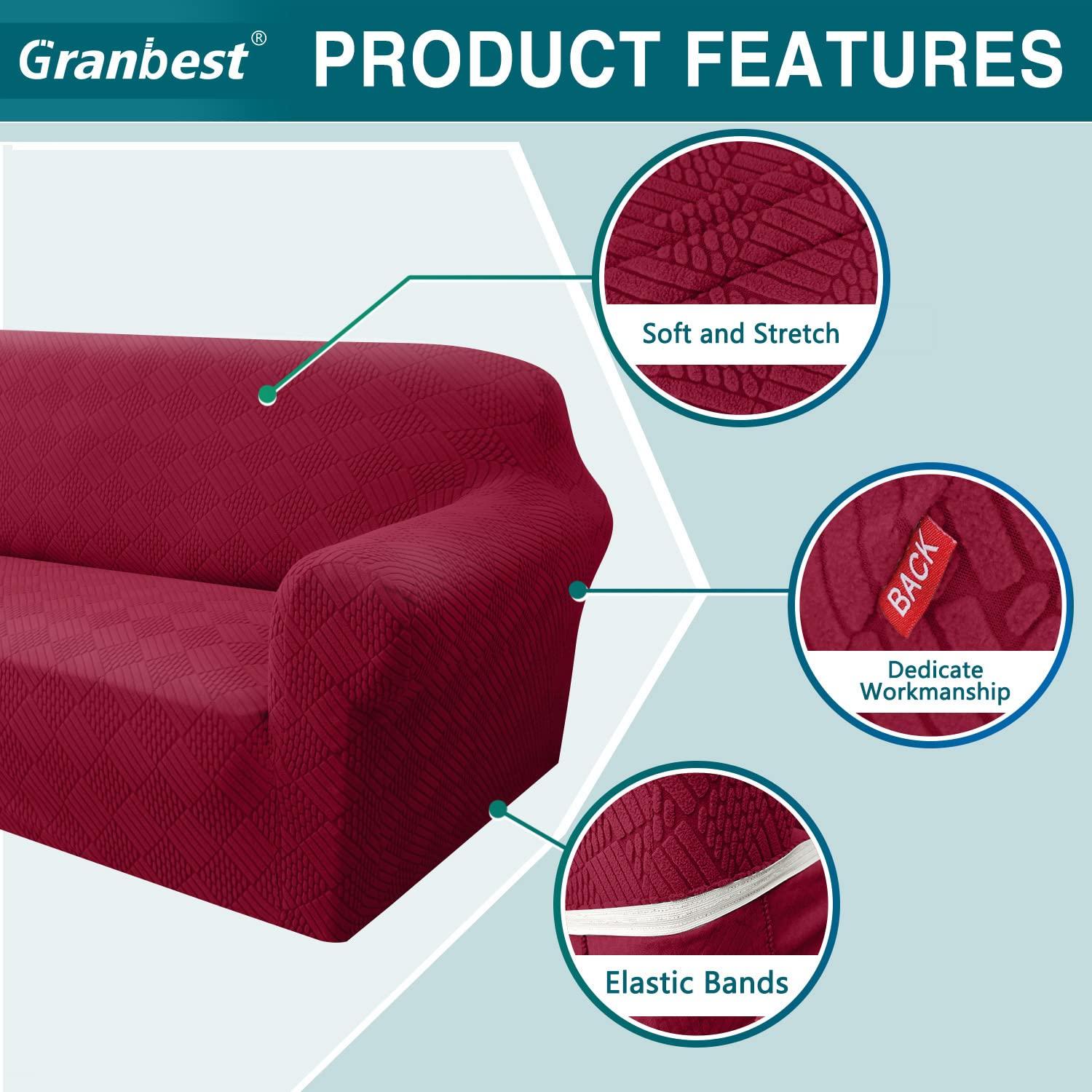 Granbest Stylish Rhombus Thick 3 Seater Sofa Cover Elastic Fashion Fabrics Couch Cover Non-Slip Furniture Protector for Kids Pets Living Room (3 Seater, Wine Red) 3