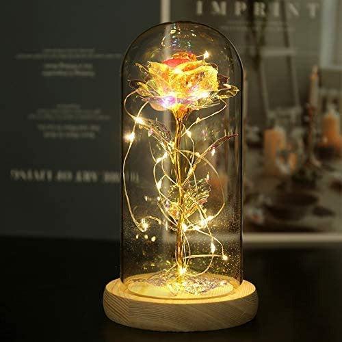 Beauty and the Beast Rose In Glass Dome with LED Fairy Lights Colorful Galaxy Rose 0