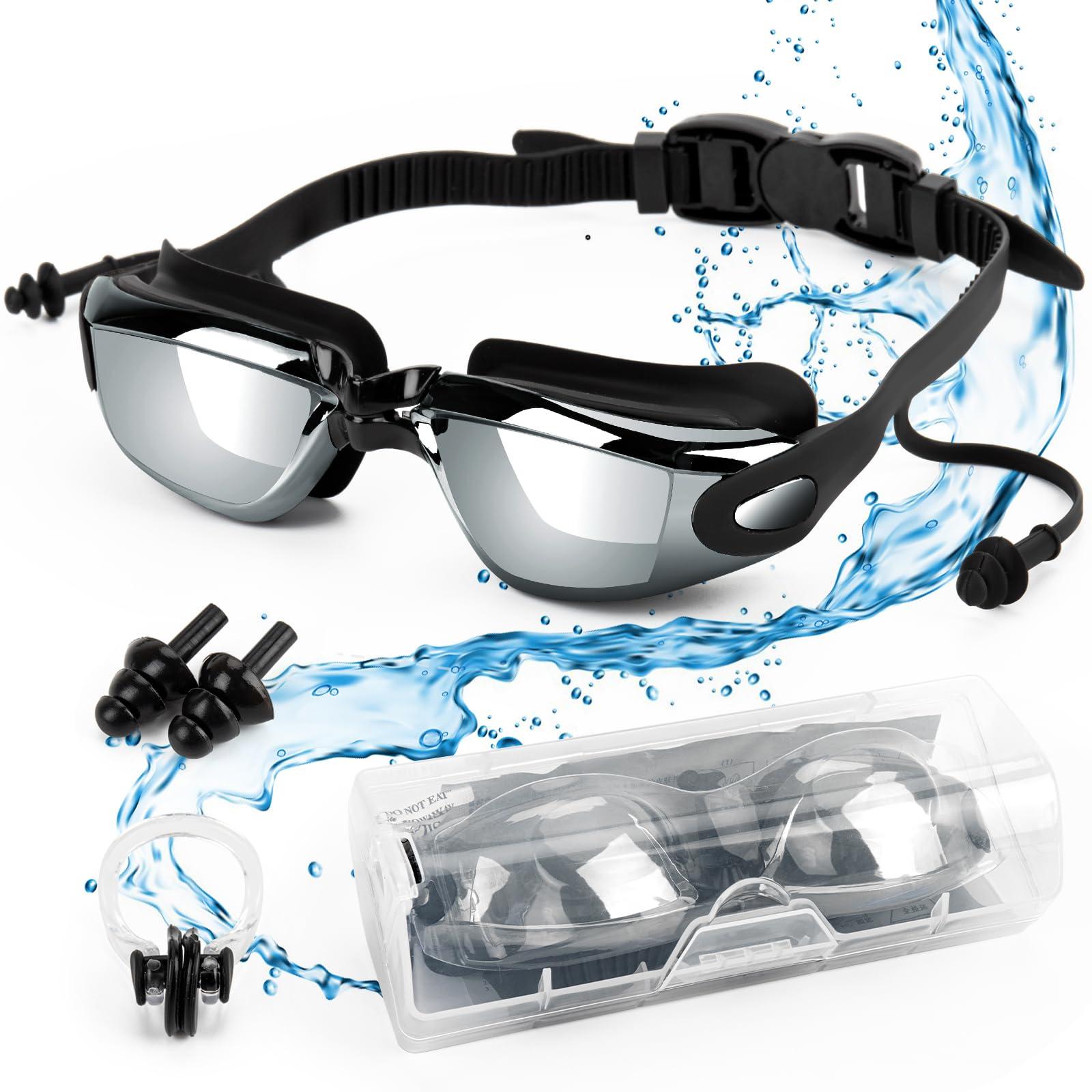 Taope Swimming Goggles, Swim Goggles attached Ear Plugs for Adult Unisex Men Women - No Leaking, Anti Fog, UV Protection，Dark Lens - Free Storage Case, Nose Clip and Earplugs - Black 0