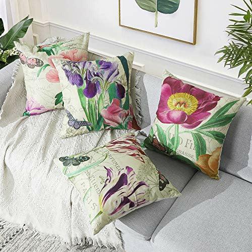 Artscope Set of 4 Decorative Cushion Covers 45x45cm, Vintage Elegent Purple Flower Pattern Waterproof Throw Pillow Covers, Perfect to Outdoor Patio Garden Bench Living Room Sofa Farmhouse Decor 1