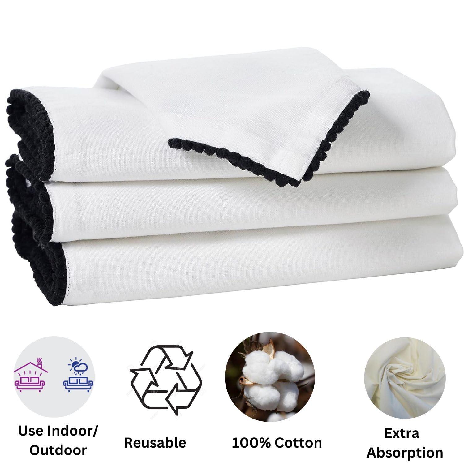 Penguin Home Set of 6 Cotton Napkin 100% Cotton Eco Friendly SustainableReusable Napkins - Daily Use as Dinner Napkins With Four Side Pom Pom Lace Size - 40 X 40 cm Colour - White 1