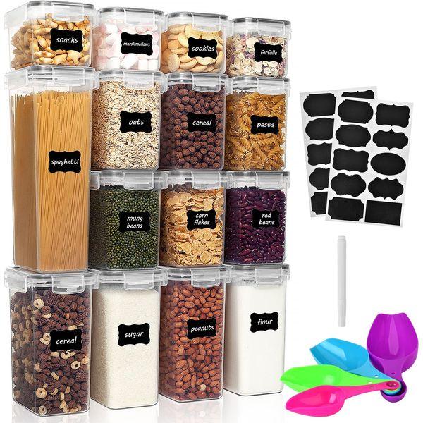 15Pcs Cereal Storage Containers Set Plastic Airtight Food Storage Container Kitchen Storage Containers with Lids,Reusable Labels,Marker,Spoon Ideal for Flour Cereal Spaghetti Pasta 2.8L 2L 1.4L 0.8L 0