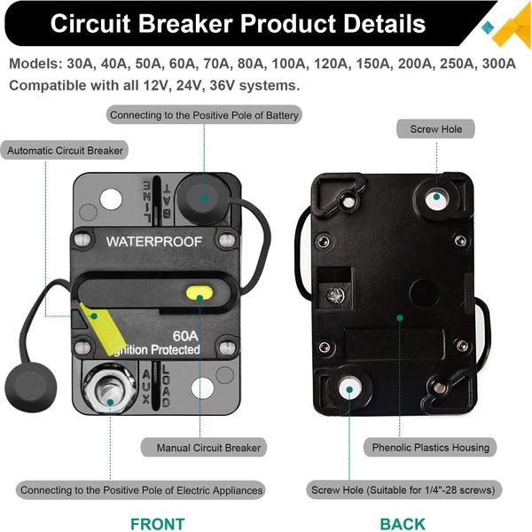 30A-300A AMP Car Circuit Breaker 12V-48V DC Waterproof Car Audio Inline Circuit Breaker with Manual Reset, Auto Circuit Breaker Fuse Holder for Car Audio Solar Inverter System Protection (70A) 2