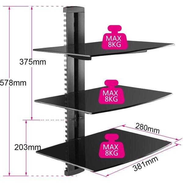 Suptek 3 Floating Shelf Wall Bracket with Strengthened Tempered Glass for DVD Players/Cable Boxes/Games Consoles/TV Accessories, 3 Shelves, Black, CS303 2