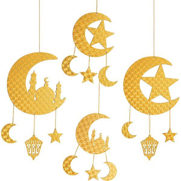 Gulfmew 4 Pcs Eid Hanging Decoration Ramadan Decorations Ramadan Ornaments Large and Small Golden Ramadan Pendant Decorations Muslim Iftar Crescent Islam Moon Star Wind Light Shape Pendant Ornament