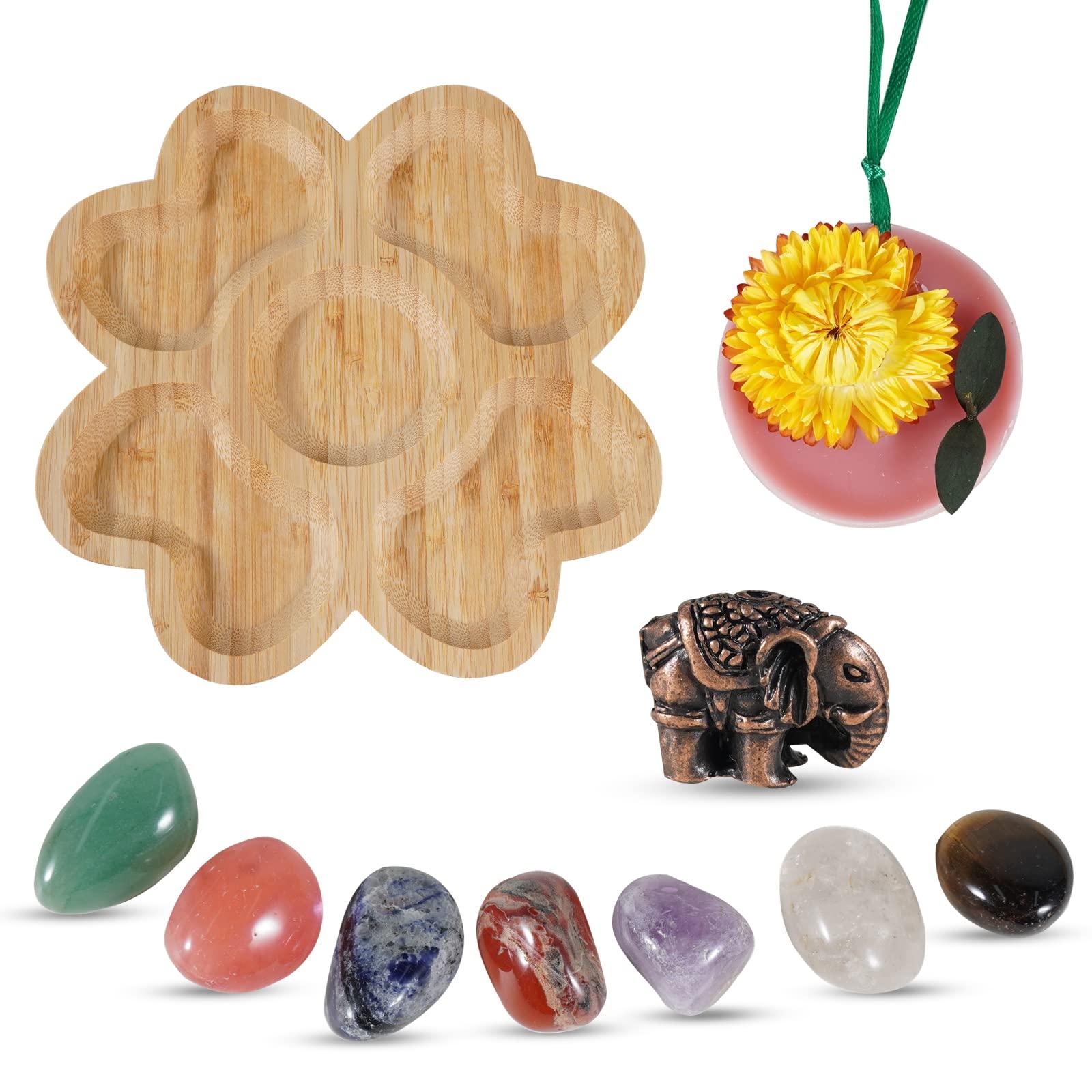 Soulnioi Wooden Decorative Tray For Crystal (Four- Leaf Clover Shaped), Hanging Scented Wax Sachet Amber Ebony, Elephant Incense Stick, 7pcs Chakra Crystal Polished Stones, Gift for Home Decor