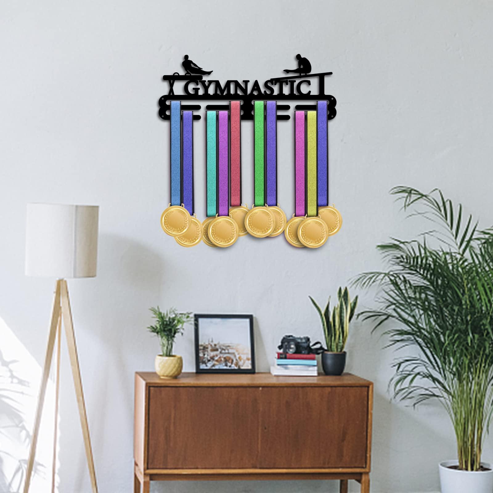 PH PandaHall Medal Holder Display Gymnastics Medal Hanger Award Ribbon Hanger 3 Lines Trophy Shelf Awards Ribbon Cheer Gymnastics Sport Award Rack Wall Mount Iron Frame for Over 50 Medals 4