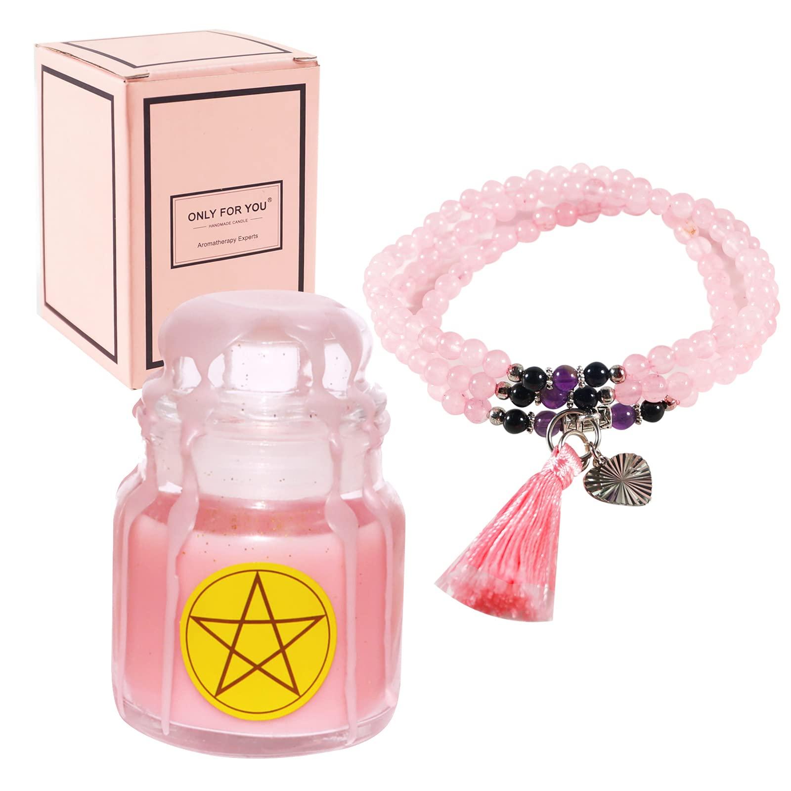 Soulnioi Candle Scented Candle | Magic Scented Candle Small Glass Jar Candle Fragranced for Home| Up to 15 Hours Burn Time | with 1pc Fringe Circle Onyx Rose Quartz Multilayer Bracelet 1