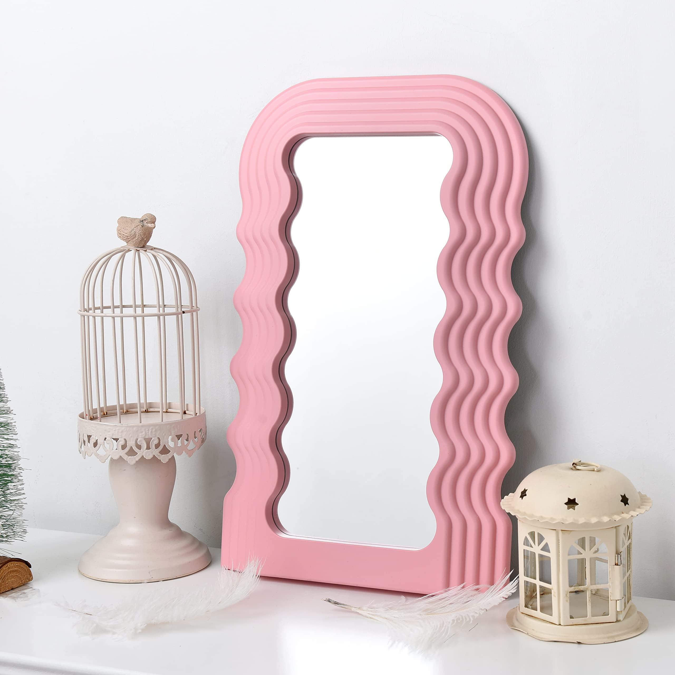 Funerom 40.6x25.4 cm Wavy Mirror Aesthetic Mirror Funky Mirror Squiggle Mirror Wave Mirror Rectangle Pink 1