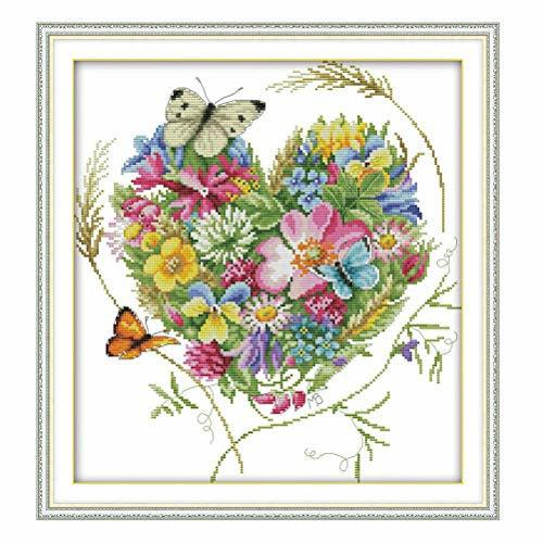 nuoshen Counted Cross Stitch Kits, DIY Needlecrafts Handmade Embroidery Kit, Butterflies Love Heart Shaped Flower withDMC Fabric DIY Hand Needlework kit, Perfect Valentine's Day Gift 0