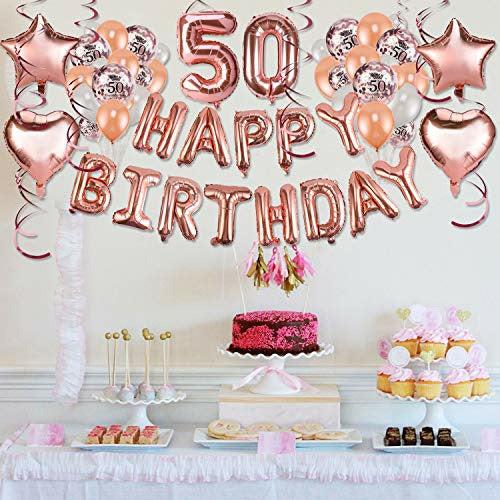 HOWAF Rose Gold 50th Birthday Decorations for Women Birthday Party Supplies 59 Pack with Happy Birthday Banner Hanging Swirl Confetti Latex Balloons Star Heart Foil Balloons 4