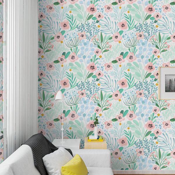 VaryPaper Pink Flower Wallpaper Blue Floral Contact Paper Self Adhesive Botanical Wall Art Deco Green Leaf Wall Covering for Living Room Bedroom Furniture Vinyl Wrap for Kitchen Cupboards 45cm×3m 1