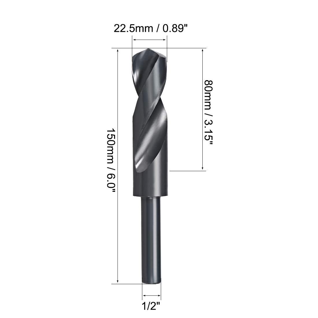 sourcing map Reduced Shank Drill Bit 22.5mm High Speed Steel HSS 6542 Black Oxide with 1/2 Inch Straight Shank 1