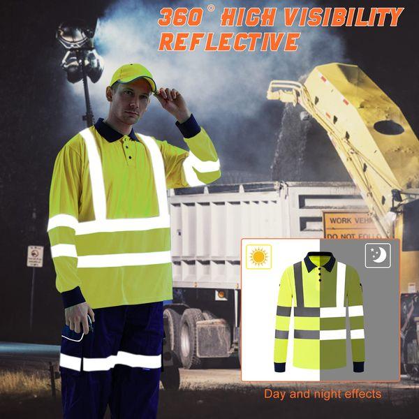 AYKRM Hi Viz Polo Shirts Reflective Tape Safety Security Work Button T-Shirt Breathable Lightweight Double Tape Workwear Top(XS-8XL 2