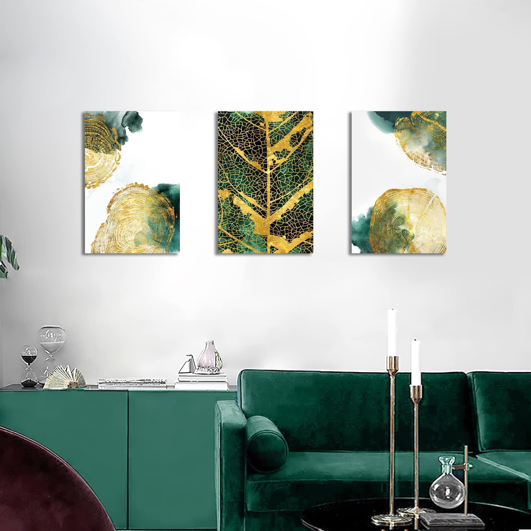 3 Panels Wooden Framed Canvas Wall Art Tree Golden Annual Rings Canvas Prints Tree Trunk Leaves Picture Painting Hallway Stairs Bedroom Living Room Wall Decor Ready To Hang 90x40cm(12"x16"x3pcs) 1