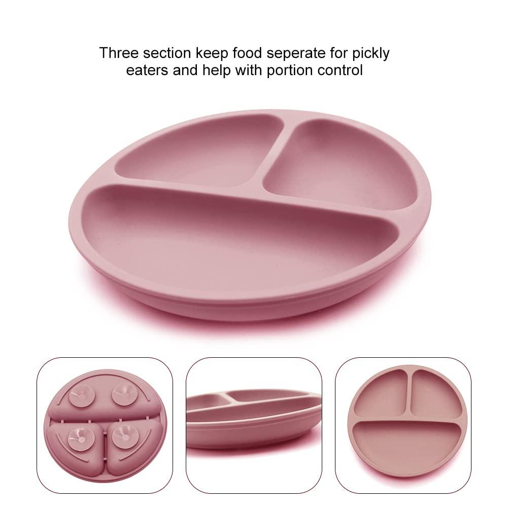 ANTUREBAY Silicone Children's Tableware, Children's Plate Sets, 5 Pieces, Non-Slip Tableware Sets with Suction Cup, Baby Plate, Spoon, Fork, Bowl, bib, BPA-Free, Dishwasher and Microwave Safe (Pink) 3