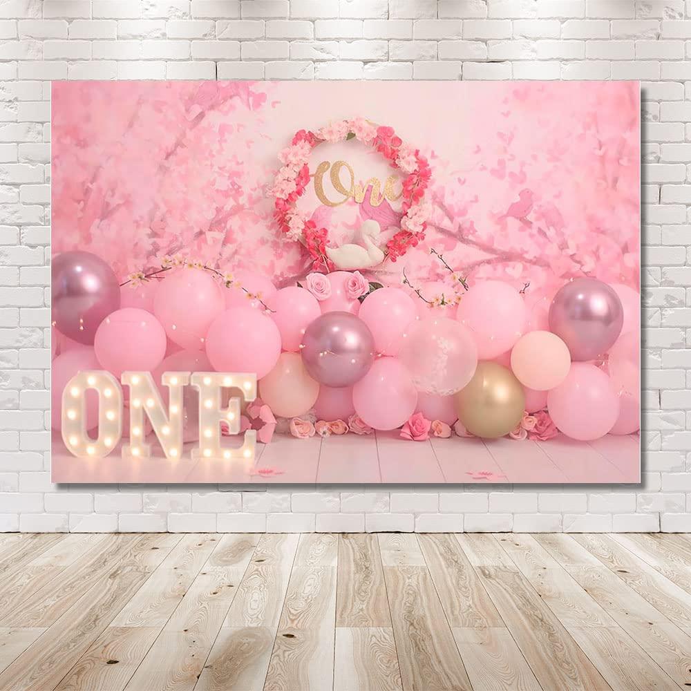 MEHOFOND 7x5ft Girl 1st Birthday Photography Background Pink Floral Balloons Kids Party Banner Decoration Supplies Retro Newborn Portrait Photo Backdrop Happy Birthday Photoshoot Studio Props 1