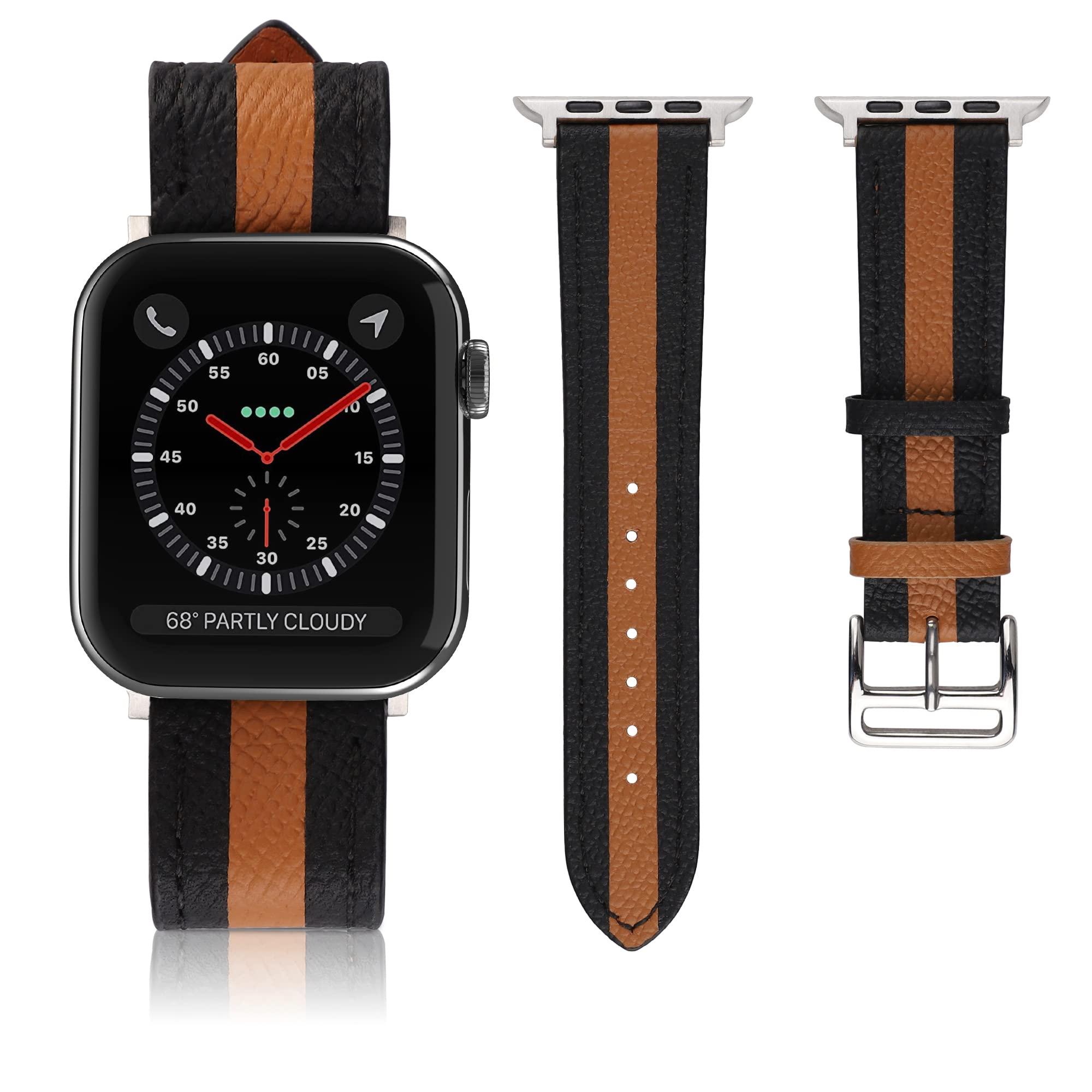 VAKS Compatible with Apple Watch Leather Band 41mm 40mm 38mm for Women Men, Genuine Leather Wristband Replacement Strap for iWatch Series SE2/8/7/6/5/4/3/2/1/SE, Black Brown Black 1