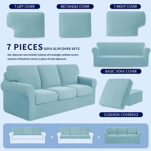 subrtex 3-Seater Sofa Cover with 3 Separate Cushions and 3 Backrests Covers, 7 Pieces Stretch Sofa Slipcover Replacement Furniture Protector (Sofa, Light Blue) 1