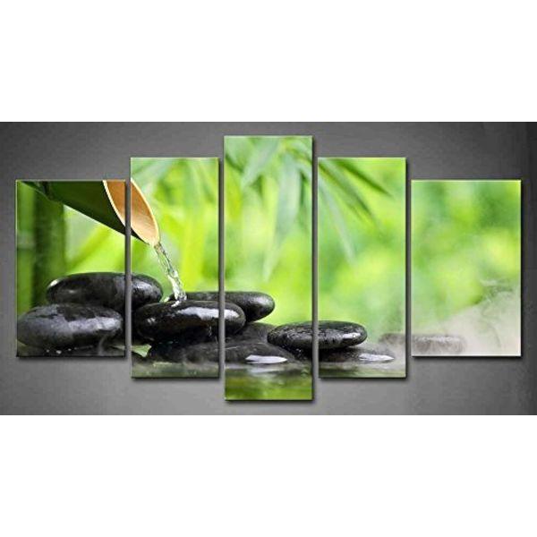 5 Panel Wall Art Green Spa Still Life With Bamboo Fountain And Zen Stone In Water Painting The Picture Print On Canvas Botanical Pictures For Home Decor Piece Stretched By Wooden Frame Ready To Hang 0