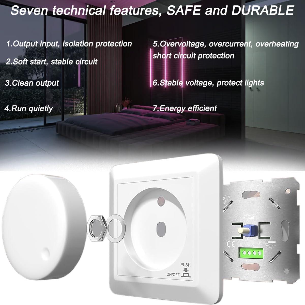 Acmerota LED Dimmer Switch 3-300W Flush-Mounted Rotary Dimmer SCR dimming for Dimmable LEDs 3-250W and Halogen 3-300W, On/Off Press with Memory Function, White 4