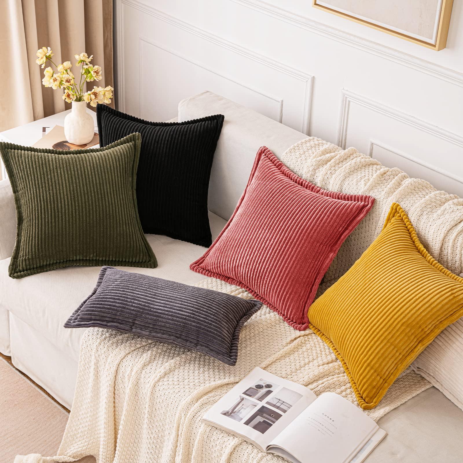 MIULEE Corduroy Cushion Covers Soft Decorative Square Throw Pillow Covers for Spring Cushion Soft Pillowcase Striped Corduroy Cushion Covers Pack of 2 for Home decor Sofa 45x45cm, Olive green 4